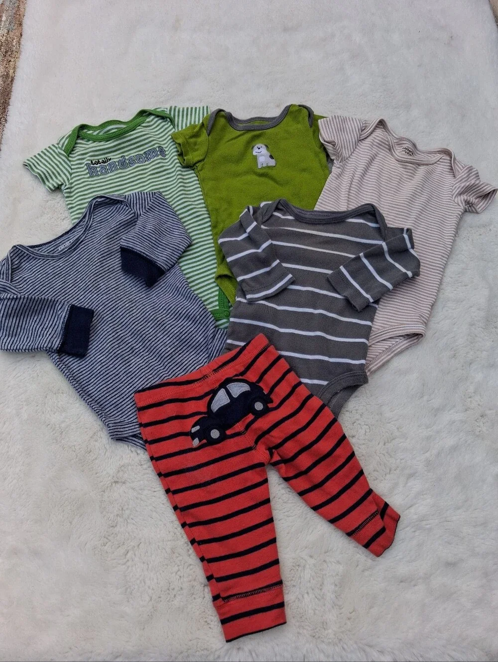 Baby Onesie and Pants Set - Green, Gray, Navy, Cream, Coral Stripes Size 3m